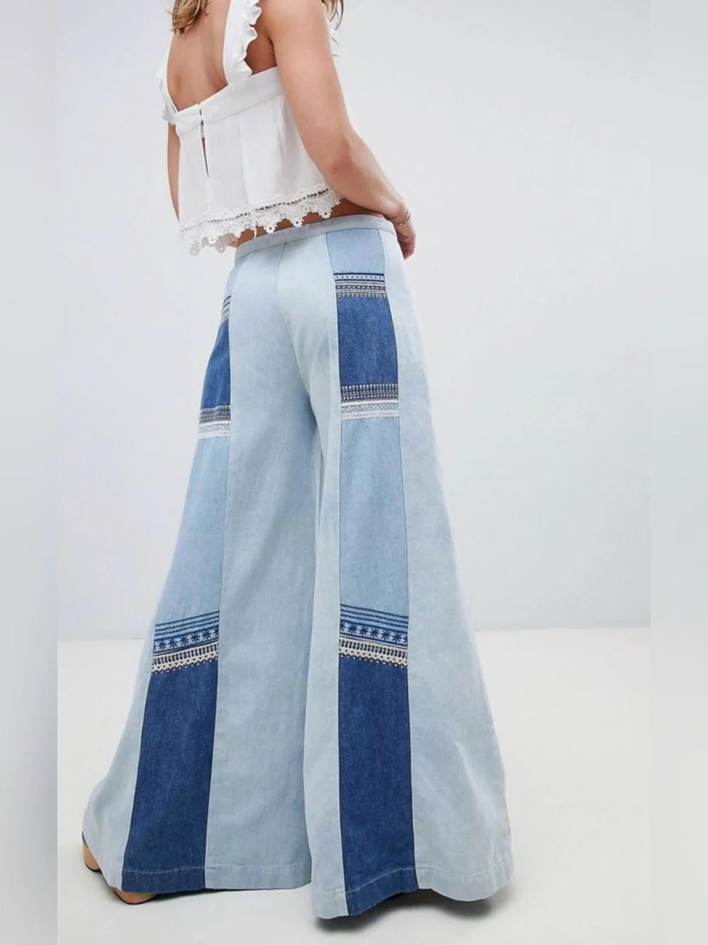 FREE PEOPLE Willa Pieced Wide-Leg Jeans Patchwork Embroidery 27